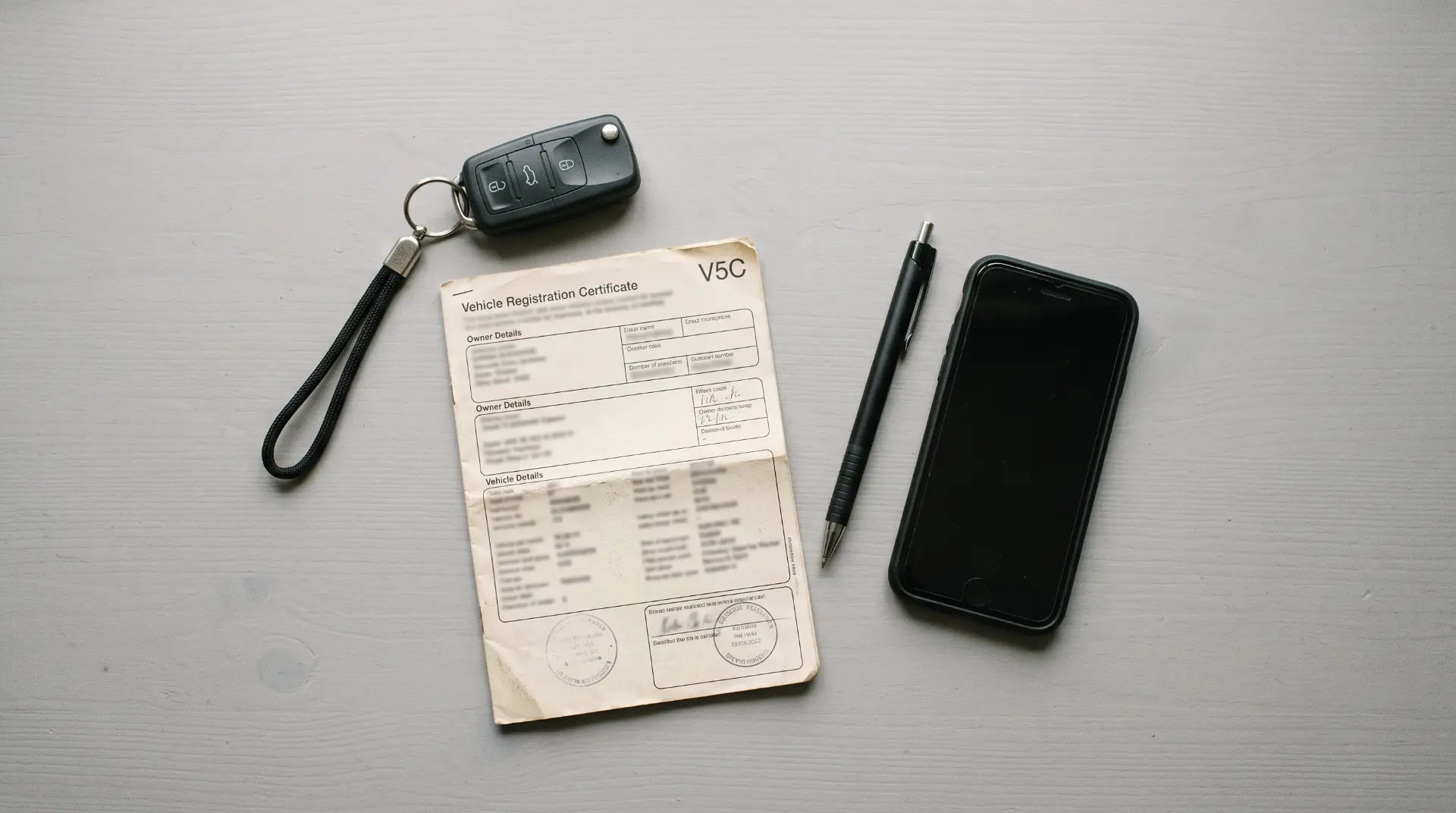 Fahrzeugschlüssel, Fahrzeugschein und Stift auf einem Schreibtisch