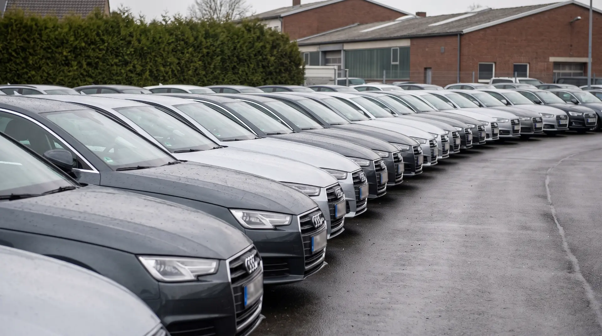 Reihe von Flottenfahrzeugen auf einem Autohaus-Hof