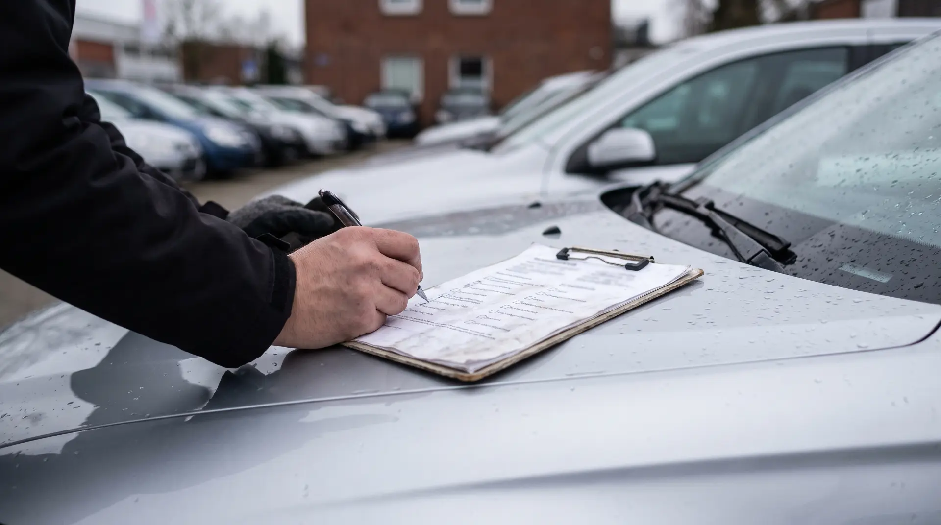 Checkliste auf einem Klemmbrett auf der Motorhaube eines Fahrzeugs