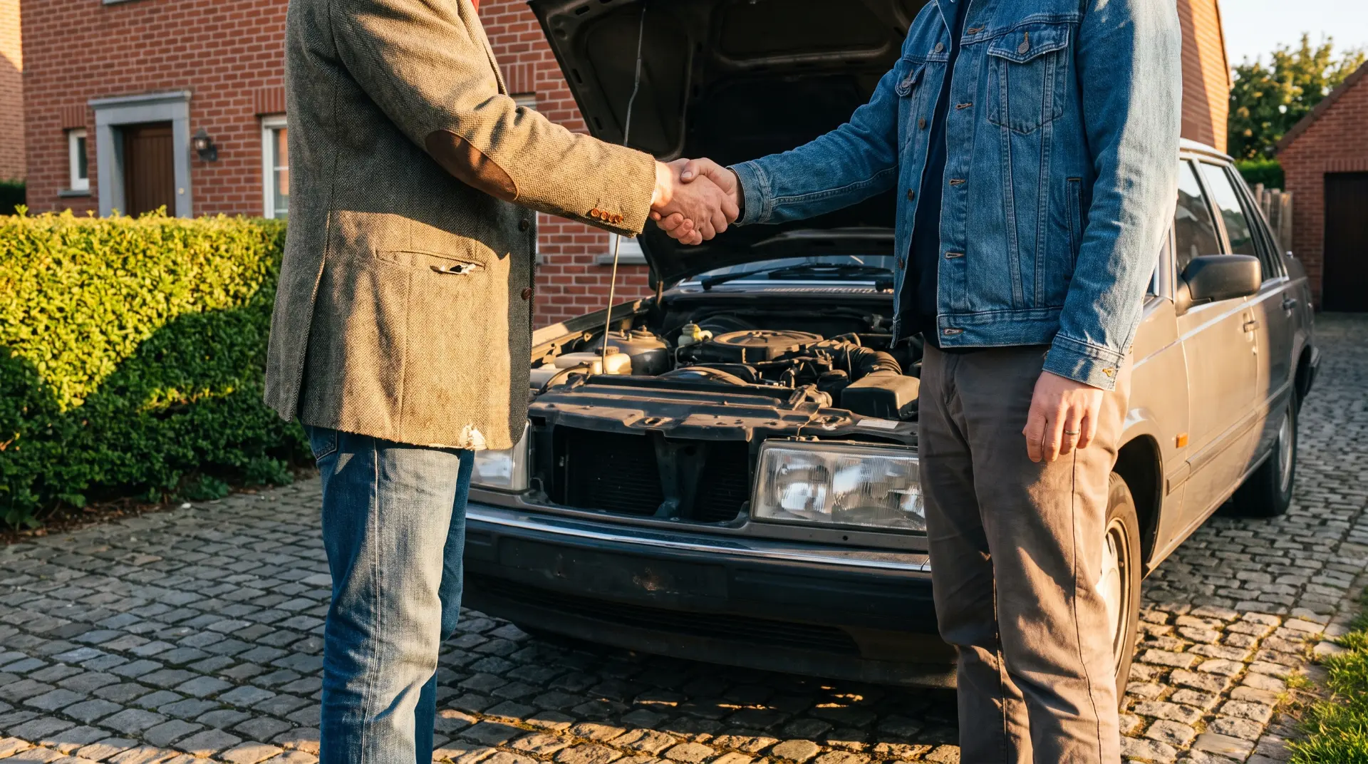 Handschlag über der geöffneten Motorhaube eines Gebrauchtwagens