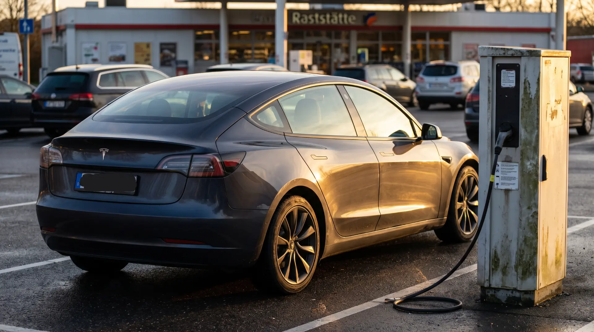Elektrofahrzeug an einer Ladesäule an einer deutschen Autobahnraststätte